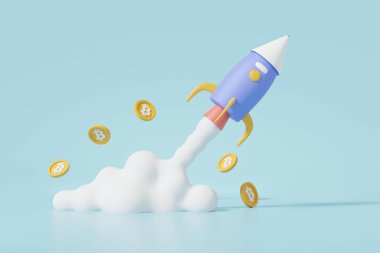 Ay 'a giden Bitcoin uzay gemisi kripto işlem kripto büyüme hedefi borsa ticari finans yatırımı. Gökyüzü mavisi arka planda tüccar konsepti. 3d resimleme