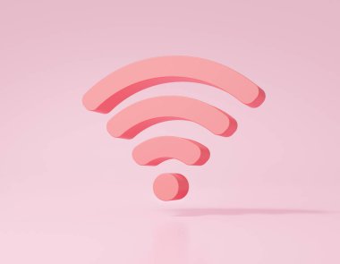 Kablosuz bağlantı ikonu konsepti. Pembe arka planda çok az çizgi film tarzı şirin. 3d resimleme