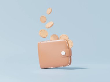 Bozuk paralar, nakit para kavramı ile kahverengi cüzdanda yüzüyor. Çevrimiçi ödemeleri tasarruf etmek, gökyüzü mavi arkaplan, pankart, 3d resimleme karikatür minimal tarzı