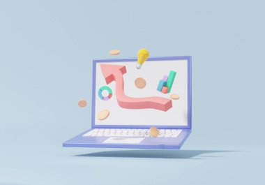 Dijital pazarlama CRO veya Dönüştürme Oranı optimizasyonu. Yumuşak mavi arka planda platform büyütme işindeki analitik yönetim web gelişimi. 3d resimleme