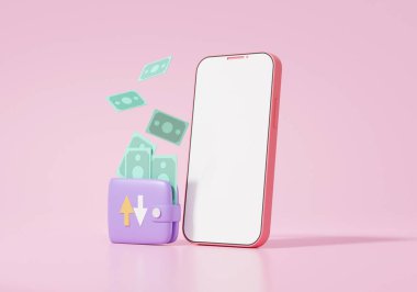 Cüzdan ikonu konseptini bozdur. Smartphone Banknotes tarafından finanse ediliyor. Pembe arka planda online ödeme yatırım döviz transferi tasarrufu. 3d resimleme