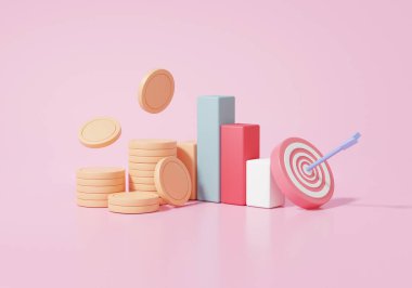 Yığın madeni paralar, Finansal Grafik Ekonomi Analizi. Büyüme hedefleme maliyeti azaltma yatırım eğitimi kavramı. Pembe arka planda. 3d resimleme