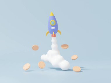 Yatırım girişimi konsepti. Uzay gemisi duman ve bozuk para püskürtüyor. Gökyüzü mavisi arka planda gelecekteki yenilik. Çizgi film çok az tatlı. 3d resimleme