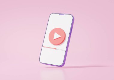 Mobil simge modern çalma videosu pembe arkaplanda yüzüyor, kablosuz ortam bağlantısı çizgi film minimal biçimi, İnternet, pankart, kopyalama alanı, 3d resimleme