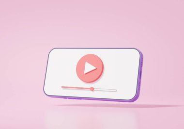 3D render Çizgi film minimal biçim mobil modern video pembe arkaplan, kablosuz medya bağlantısı, internet, pankart, kopyalama alanı, illüstrasyon