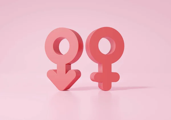 最小的卡通风格可爱光滑的女性男性象征粉红背景 性观念 3D渲染说明 — 图库照片