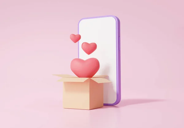 庆祝周年的概念 棕色的惊喜礼品盒和带着粉色背景智能手机的浮心包裹 最小的漫画可爱光滑 3D渲染说明 — 图库照片