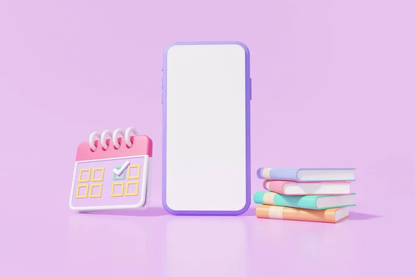 Smartphone Mockup Schermo Bianco Vuoto Sfondo Viola Calendario Libro Apprendimento — Foto Stock