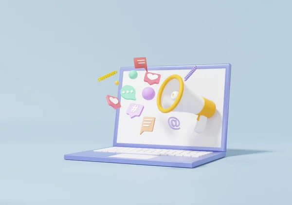 Begreppet Sociala Medier Laptop Och Megafon Anmälan Digital Marknadsföring Minimal — Stockfoto
