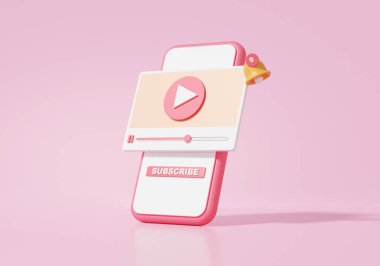 Pembe arka planda süzülen akıllı telefon modern video oynatan 3D render Online multimedia, kablosuz medya bağlantısı. abone, afiş, kopyalama alanı, illüstrasyon
