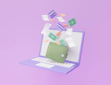 Mor arka planda yüzen cüzdan para transferi ile üç boyutlu dizüstü bilgisayar modeli. Çevrimiçi ödeme kavramı. işletme finansmanı, yatırımcı, maliyet, alışveriş, e-ticaret, 3D resimleme