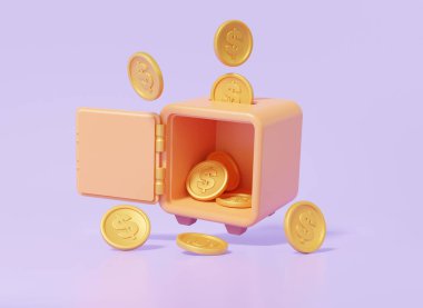 Madeni para kasası güvenlikle dolup taşar, para tasarrufu kavramı kazanır. Mor renkli arka plan, zenginlik, karikatür tarzı. 3d resimleme