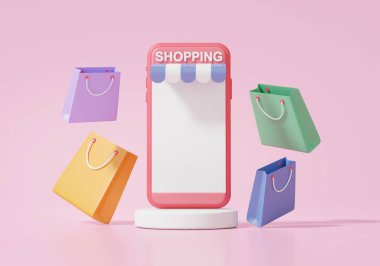 Pembe pastel arka planda yüzen alışveriş torbası. Akıllı telefondan online uygulama mağazası konsepti indirimli tanıtım indirimi, afiş, web sitesi. 3d resimleme