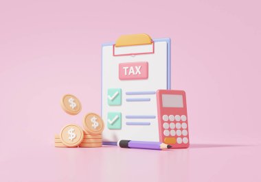 Pano kağıdında vergi ödemeleri var. Hesap makinesi, madeni paralar, finansal öğrenme bilgi işi belgesi pembe arka planda doğru işaret. 3d resimleme