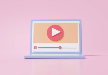 Laptop Model Video Pazarlama Yaratıcı Sosyal medya mobil oyun kanalı para kazanıyor. Pasif gelir kavramı. Bozuk paralar, afişler, kopyalama alanı, 3 boyutlu resimleme