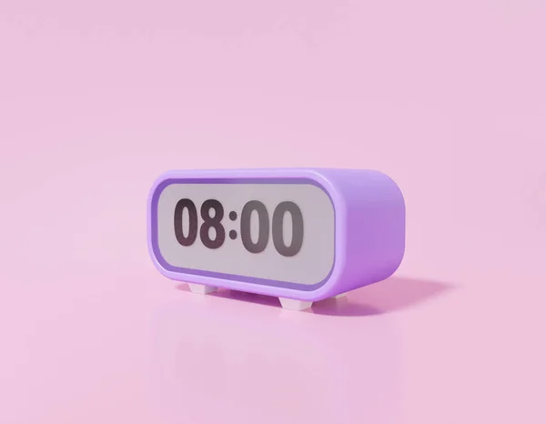 ピンクの背景に8時位置にピンクのアイコンをデジタル伝える紫色の時計のアイコン最小の漫画スタイルの創造的なコンセプト 3Dレンダリング図 — ストック写真