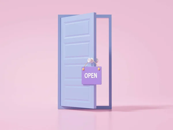 ピンクの背景に3Dオープンドアアイコンショッピングオンラインコンセプト 最小限の漫画 プロモーション バナー ウェブサイト 3Dレンダリング図 — ストック写真