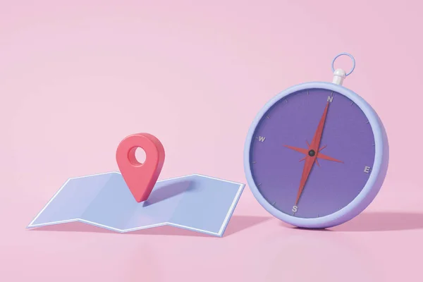 Pin Pointer Compass Pink Background Map Location Exploration Travel Navigation — Stock Photo, Image