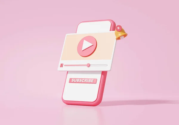 Renderowanie Online Multimedia Smartfonem Nowoczesne Odtwarzanie Wideo Pływające Różowym Tle — Zdjęcie stockowe