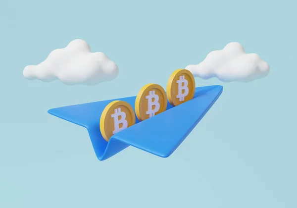 Bitcoin Modré Papírové Letadlo Měsíc Mraky Minimální Karikatura Roztomilý Hladký — Stock fotografie