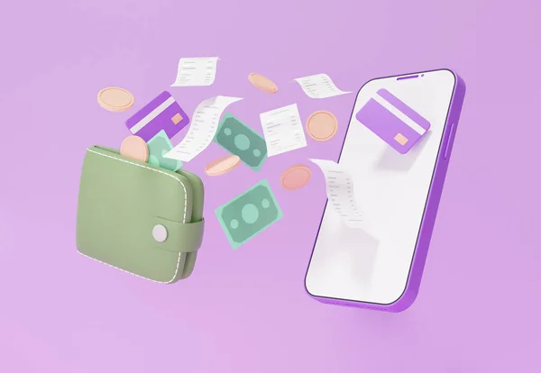 Денежный Перевод Мобильного Бумажник Плавающий Фиолетовом Фоне Концепцией Cashback Экономия — стоковое фото
