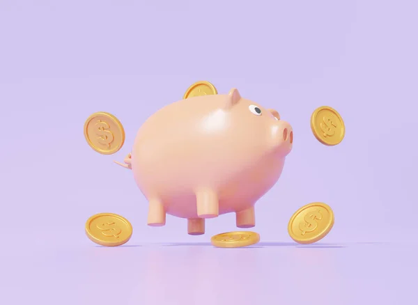 stock image Coins dollar and piggy bank floating Finance saving concept, cartoon style minimal on purple pastel background. deposit, copy space, 3d render illustration