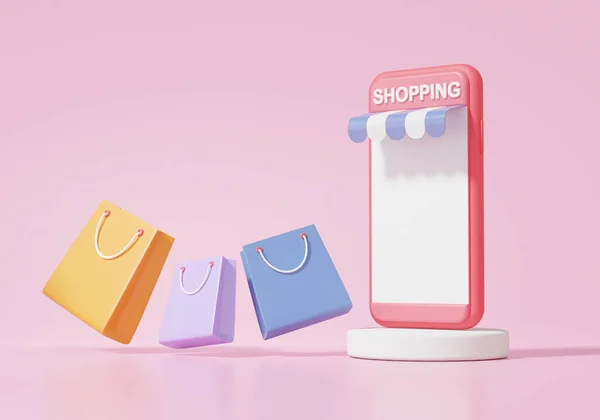 Boutique Magasin Sur Smartphone App Shopping Concept Ligne Sac Provisions — Photo