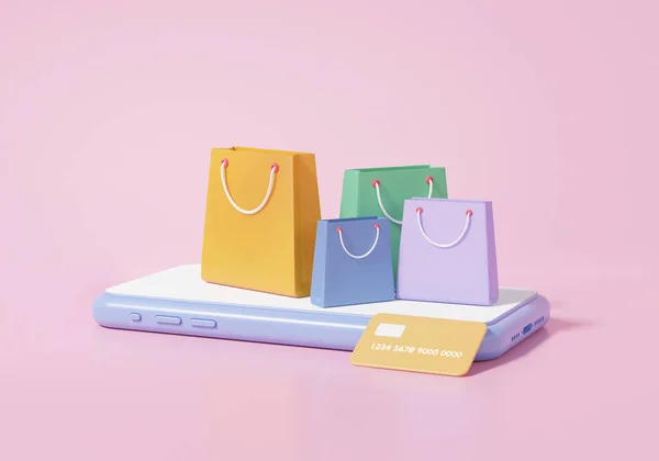 Minimal cartoon shop store and Shopping bag on smartphone app shopping online concept. on pink background, isometric, discount, promotion, sale, banner, website. 3d render illustration
