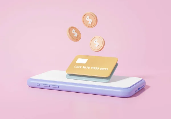 Online Zahlungen Kredit Oder Debitkartenkonzept Finanztransaktionen Münzen Schweben Auf Mobilen — Stockfoto