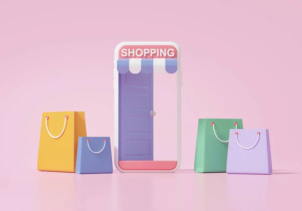 Winkelen Online Concept Winkeltas Winkel Winkel Met Smartphone Roze Achtergrond — Stockfoto