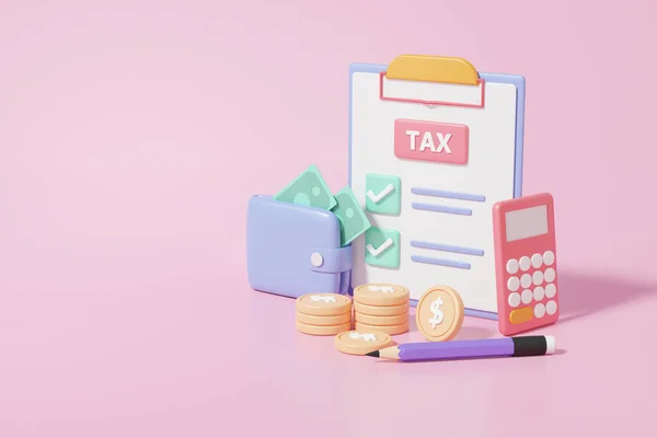 最小卡通片等距 剪贴板上的核对表 州政府税收 纳税概念 计算器 粉色背景的硬币 3D渲染 — 图库照片