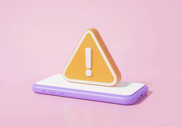 スマートフォン上で感嘆符オレンジ色の三角形警告記号アイコン 技術的なエラーは安全コンセプトを警告するアイソメトリックピンクの背景を隔離 3Dレンダリング図 — ストック写真