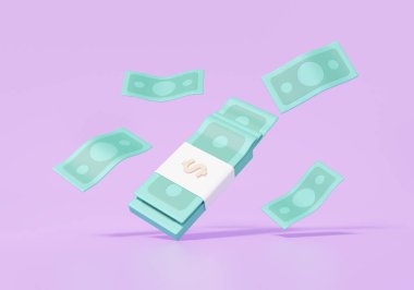 Banknotlar mor arka planda yüzen dolar yeşili. Para bütçesi tasarruf kavramı. İş finansmanı yatırım karı, asgari çizgi film. 3d resimleme