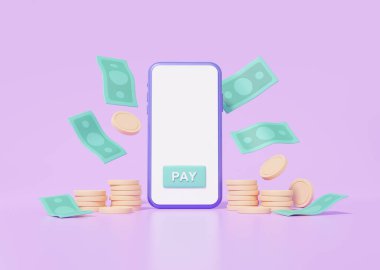 Çevrimiçi ödemeler banknotlar ve para yığını akıllı telefon, transfer değişim konsepti. Uygulamalı internet bankacılığı yoluyla mor arka planda para öde. 3d resimleme