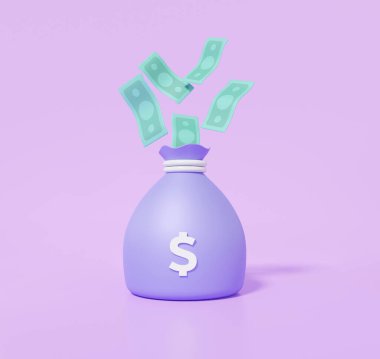 Çanta parasının üzerinde yüzen 3D minimal banknotlar. İş yatırımı, gelir tasarrufu konsepti. mor arka planda. Bütçe, depozito. 3d canlandırma çizimi