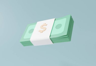 Banknotlar pastel arka planda yüzen dolar yeşil nakit. Para depoziti, bütçe tasarrufu kavramı. Yatırım finansmanı, asgari çizgi film, 3 boyutlu resimleme