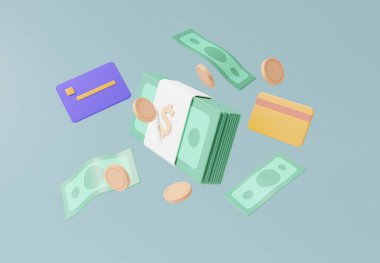 Nakit para konsepti. Banknotlar yeşil yüzüyor. Bozuk paralar ve banka kartı Finans online ödeme alışveriş. Pastel arka plan, afiş, illüstrasyon karikatürü asgari düzeyde. 3d oluşturma