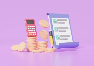 Calculator and stack coins with Checklist on clipboard paper. information business document correct mark floating on purple background. 3d render illustration clipart