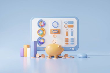 Pasif gelir kavramı. Dijital pazarlama CRO veya Dönüştürme Oranı optimizasyonu. Platform işinde analitik yönetim web gelişimi mavi arka planda. 3d resimleme