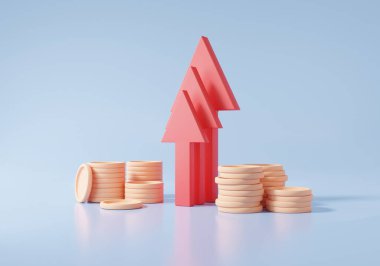 Yığınla bozuk para yığını Red Arrow büyüme veri analizleri optimizasyon istatistik büyüme grafiği, istatistik finansmanı, hisse senedi piyasasını yatırım geliştirme kavramına bağlar. 3d resimleme