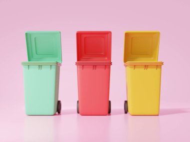 Atık sınıflandırma çöpleri üç çöp, yeşil, kırmızı, sarı, pembe arka planda açık kapak, çevre koruma kavramı, çizgi film minimumu. 3d resimleme