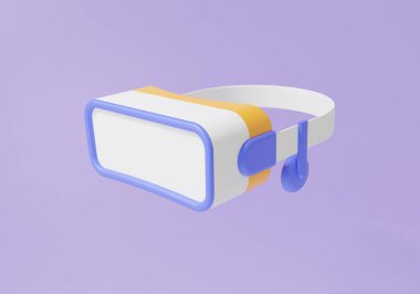 Mor arkaplanda yüzen sanal gerçeklik gözlüğü ikonu ve Metaverse teknoloji konsepti. Video oyunu simülasyonu için VR gözlükleri, çizgi film minimal, eğitim, tecrit edilmiş, 3d resimleme