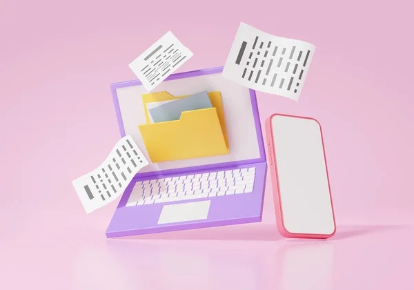 Email marketing concept. Computer laptop and smartphone floating, digital document transfer, cartoon minimal, service file information, on pink background. 3d render illustration