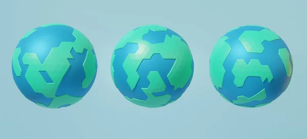Tre Uppsättning Jorden Världskarta Himmelsblå Bakgrund Glob Minimal Tecknad Film — Stockfoto