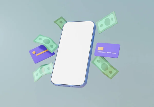 Cartoon Mock Mobilen Leeren Weißen Bildschirm Mit Online Zahlungen Banknoten — Stockfoto