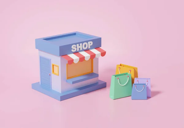 3Dショッピングコンセプト 店店青とショッピングバッグアイソメトリック上ピンク背景 割引販売 バナー ウェブサイト ビジネス投資 3Dレンダリング図 — ストック写真