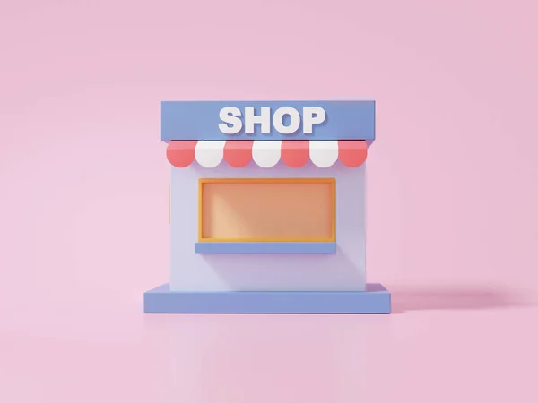 购物的概念 蓝色商店的图标 粉色背景 打折促销销售 商业投资 3D渲染说明 — 图库照片