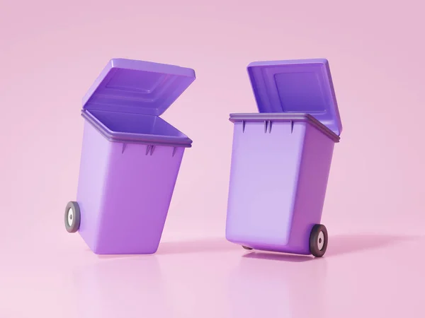 ピンクの背景に2つのゴミ紫色のオープン蓋 環境保全の概念 ゴミや漫画は最小限だ 3Dレンダリング図 — ストック写真