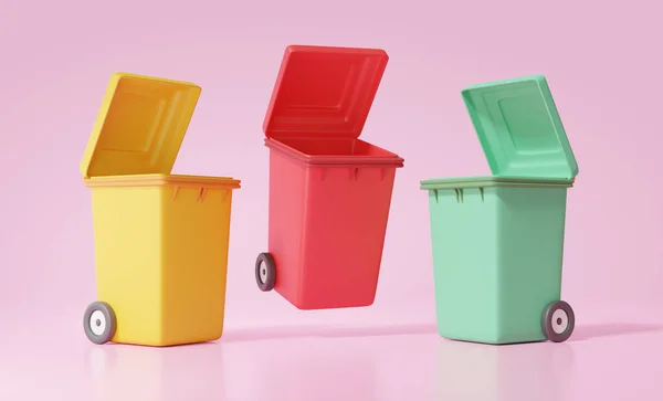 ピンクの背景に3つのゴミ黄色 緑のオープン蓋 環境保全の概念を持つ分類ごみ ごみ箱とか漫画とか 3Dレンダリング図 — ストック写真