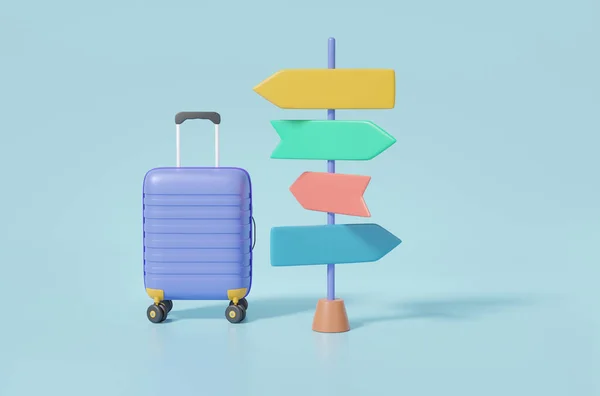 stock image Leisure touring holiday summer concept. Purple suitcase and signpost mockup of travel on blue background, isolated, cartoon minimal. 3d render illustration